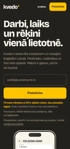 kvedo.com sākumlapa telefonā